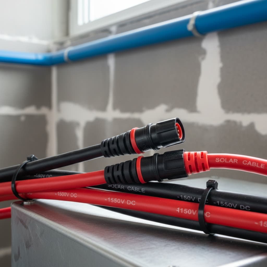 MC4-Solarstecker und DC-Kabel, PV-Installation Nahaufnahme