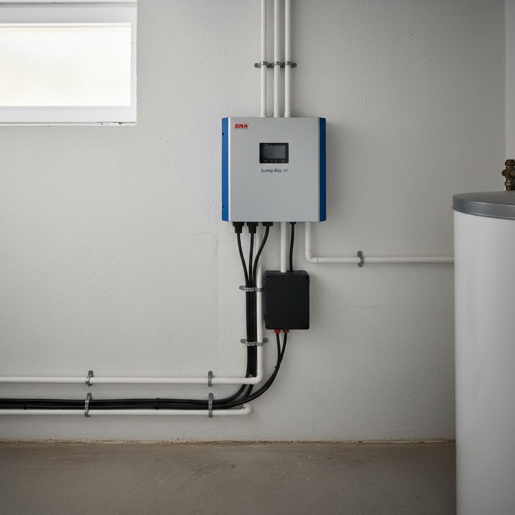 SMA Wechselrichter und Batteriespeicher an der Kellerwand
