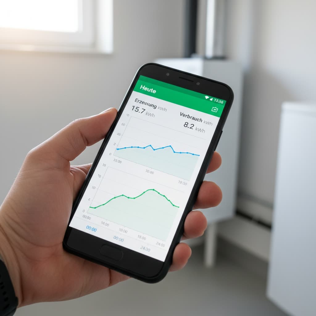 Solar-Monitoring-App mit täglichem kWh-Produktionsgraphen, in der Hand gehalten